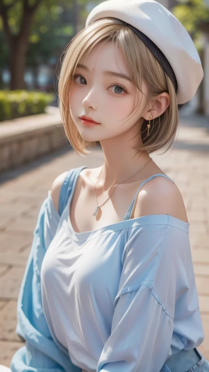 1girl, , Famous idol, 1cute girl, very young face, detailed face, cute face, master piece , best quality , woman , bowler hat , bangs , smile , outdoor, Shiny platinum blonde silky super short hair, side locks, beautiful shiny bangs, big clear sky blue eyes, very beautiful light eye highlights, earrings,