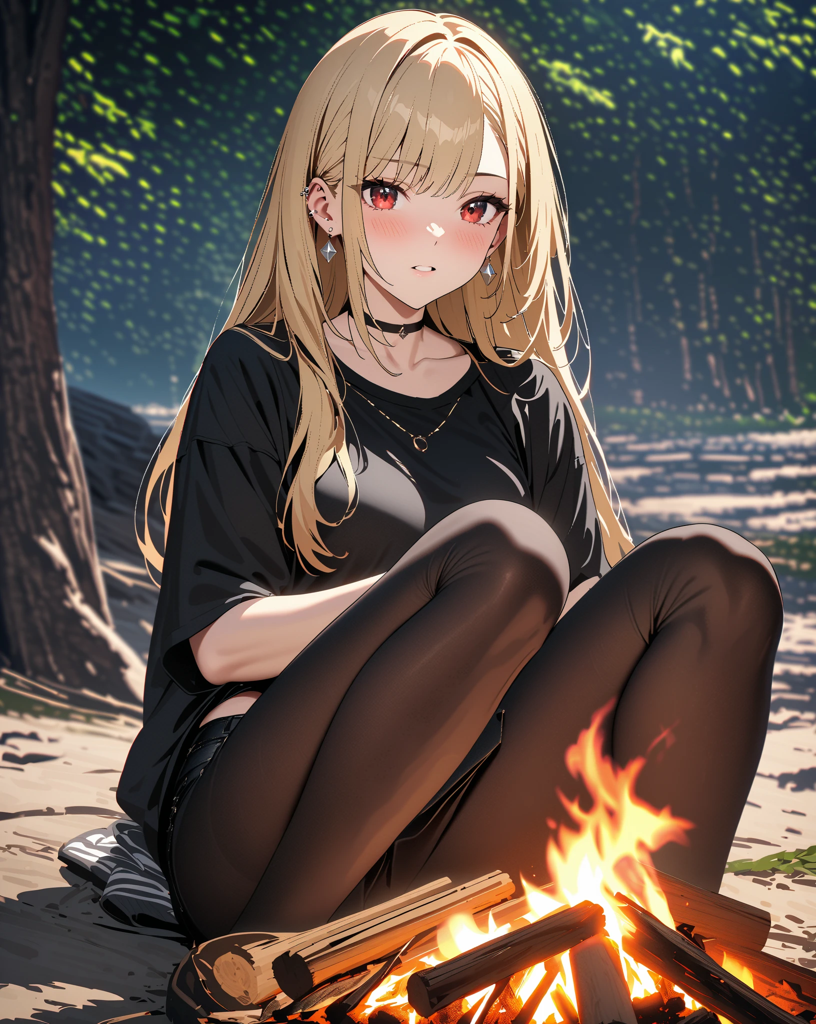 1 girl, solo, roasting sweet potatoes over a bonfire, holding skewered sweet potatoes, squatsing near bonfire, putting stick into bonfire, outdoor, in a house garden, (ultra high resolution, 8K RAW photo, super realistics, high detailed, masterpiece, clear focus), from below,