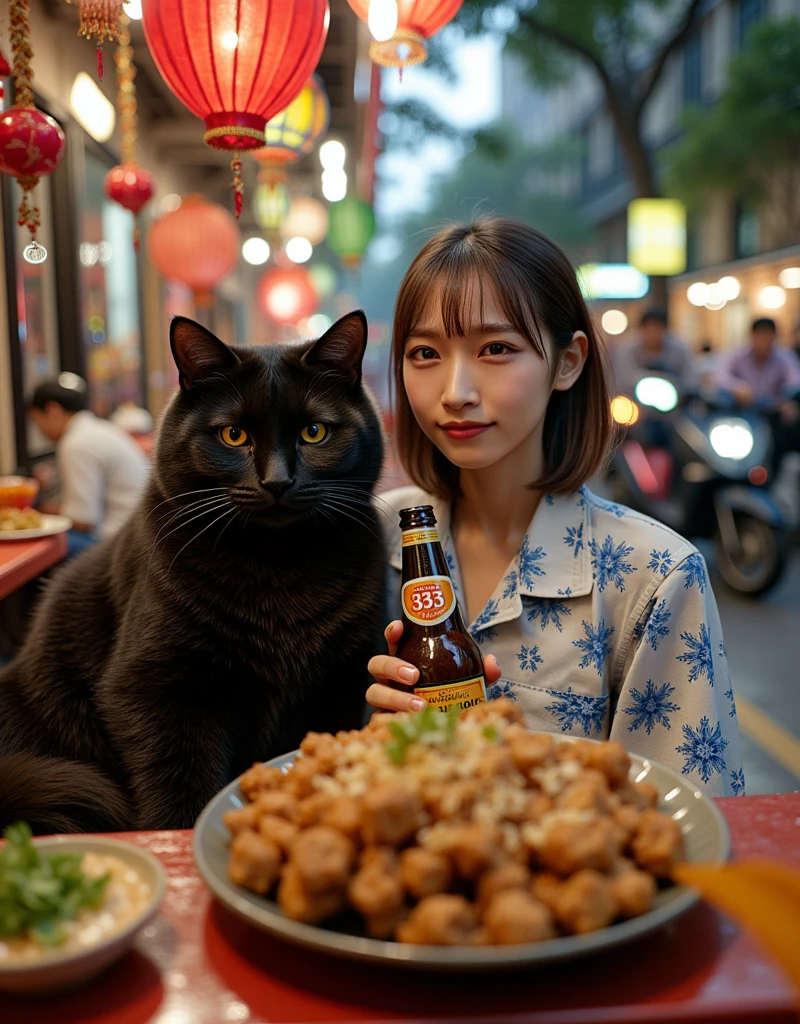 ultra-realistic, photorealistic, dramatic scene, shadow, global-illumination, solo, 1 girl\( 20 years old Japanese beautiful girl, beautiful with cute face, wearing snow patterned blue ao dai, shoulder-length brown hair, accessories, holding a bottle of Vietnamese 333 beer\), 1 human-like giant black cat\( human-like giant black cat, wearing a white shirt with short sleeves, slight taller than the girl, little chubby, standing with her\), the girl and a human-like giant black cat are sitting at the festive decorated open-air stall facing to the downtown street in Ho Chi Minh city in 2000, rows of miscellaneous buildings, trees, Crowded with many motorcycles and scooters, simple table and chair, large plate of gorgeous Vietnamese food and bowl of noodles are on the table, 