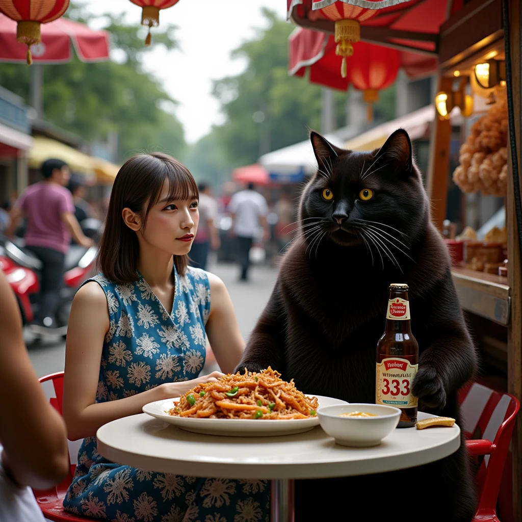 ultra-realistic, photorealistic, dramatic scene, shadow, global-illumination, solo, 1 girl\( 20 years old Japanese beautiful girl, beautiful with cute face, wearing snow patterned blue ao dai, shoulder-length brown hair, accessories, holding a bottle of Vietnamese 333 beer\), 1 human-like giant black cat\( human-like giant black cat, wearing a white shirt with short sleeves, slight taller than the girl, little chubby, standing with her\), the girl and a human-like giant black cat are sitting at the festive decorated open-air stall facing to the downtown street in Ho Chi Minh city in 2000, rows of miscellaneous buildings, trees, Crowded with many motorcycles and scooters, simple table and chair, large plate of gorgeous Vietnamese food and bowl of noodles are on the table, 