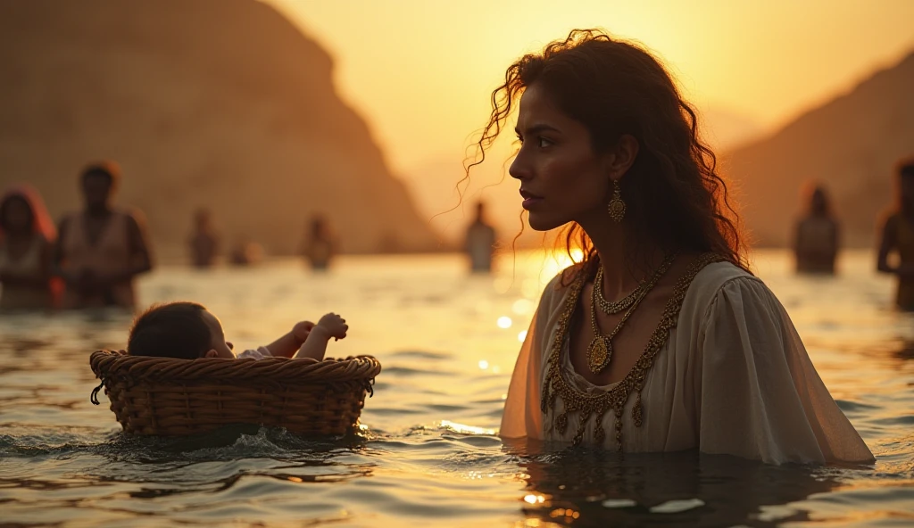 "Moses' mother, with a determined look, observes the basket floating in the waters of the Nile as the current carries it into the unknown. In the background, The environment is completely silent , with a sense of uncertainty in the air , as if the future were being shaped by that moment ."