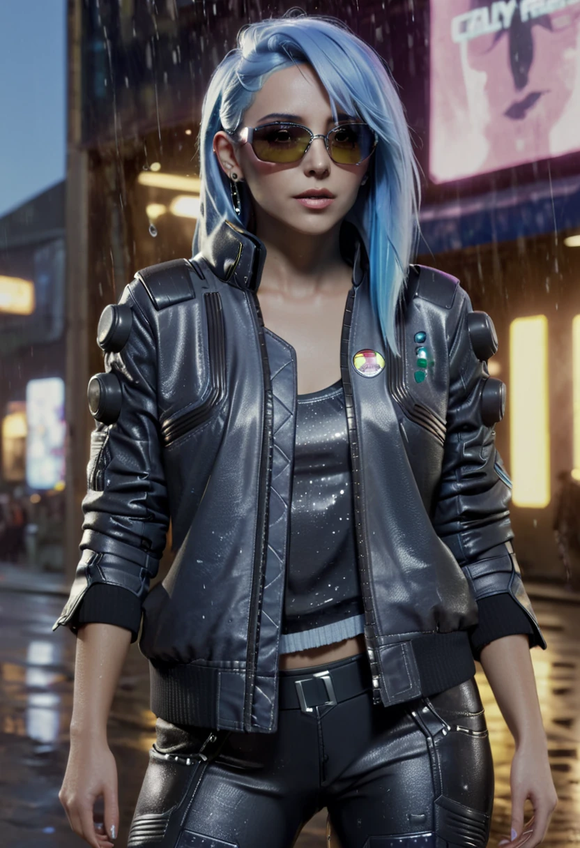 (((Best quality, 8k, Masterpiece: 1.3)), ((best quality)), ((masterpiece)), (detailed), perfect face, cyberpunk, jacket, leather pants, cybercity, night, light blue hair, sunglasses, crystal earrings, Futurism, cinematic lighting, ray tracing, backlighting, very long hair, crystal hair, expressive hair, acid rain, Air pollution, loneliness, Solitude, Mechanical gloves