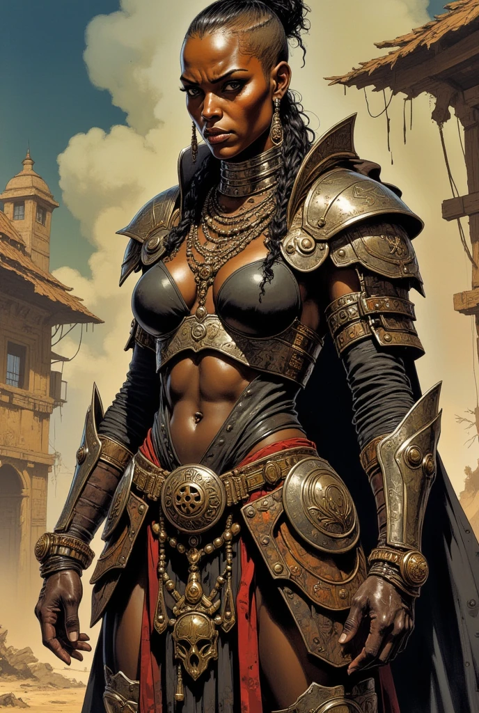 (((mulher))), (((melhor qualidade))), (((obra prima))), (((adulta))), close,((( back view ))), Uma gladiadora mulher negra de 35 anos Afro com corpo perfeito, Brooklyn Gladiators, hand with steel gloves and metal tips, (( under boobs )), (( Tiny thong )), quase nua no estilo selvagem urbano de Simon Bisley para a capa da revista 2000 A.D., cabelo escuro, Minimum clothing, armadura (clothing made with the flag of South Africa ), cheio de pontas e rebites manchadas de tinta, tatuagem de estrelas de 5 pontas, (((corpo inteiro))), cabelo afro, cabelo com dreadlocks