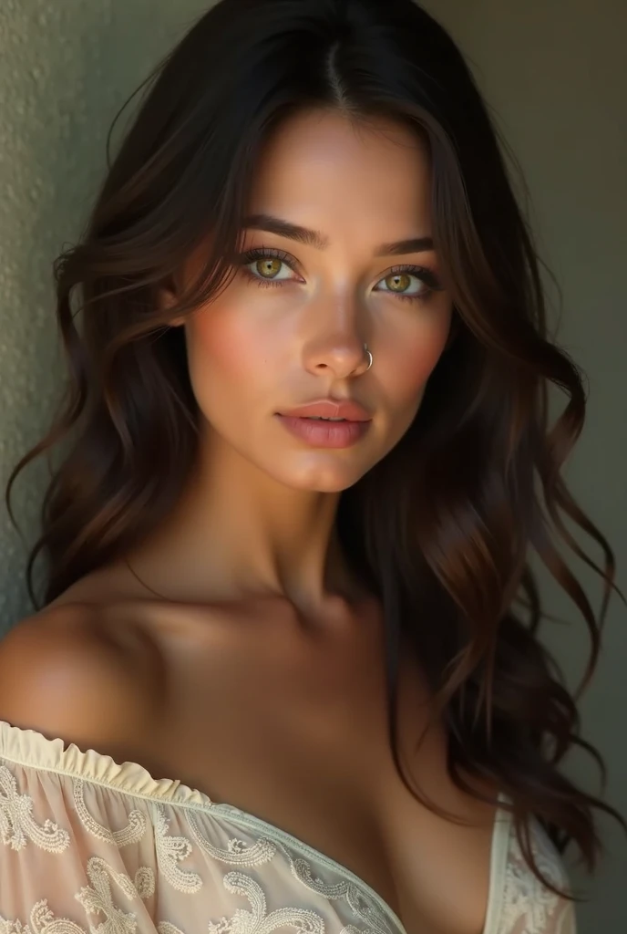 Portrait d'une jeune fille avec des cheveu lisse de 24 ans très réaliste avec un air arabe et turque avec un regard désireux sexuel et le corps entier apparent et une ressemblance a 50% avec abella danger avec les yeux vert très realiste et avec le visage bien visible le plus réaliste possible sans aucun flottage souriante de face