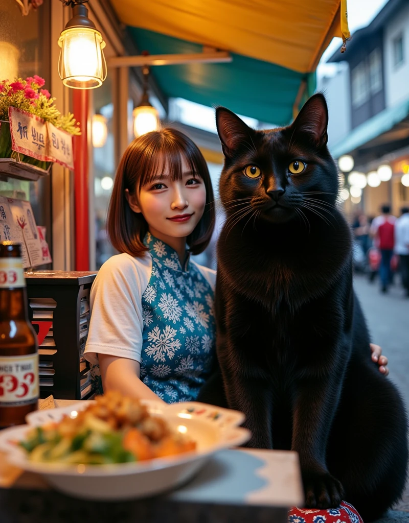 ultra-realistic, photorealistic, dramatic scene, shadow, global-illumination, solo, 1 girl\( 20 years old Japanese beautiful girl, beautiful with cute face, wearing snow patterned blue ao dai, shoulder-length brown hair, accessories, holding a bottle of Vietnamese 333 beer\), 1 human-like giant black cat\( human-like giant black cat, wearing a white shirt with short sleeves, slight taller than the girl, little chubby, standing with her\), the girl and a human-like giant black cat are sitting at the festive decorated open-air stall facing to the downtown street in Ho Chi Minh city in 2000, rows of miscellaneous buildings, trees, Crowded with many motorcycles and scooters, simple table and chair, large plate of gorgeous Vietnamese food and bowl of noodles are on the table,