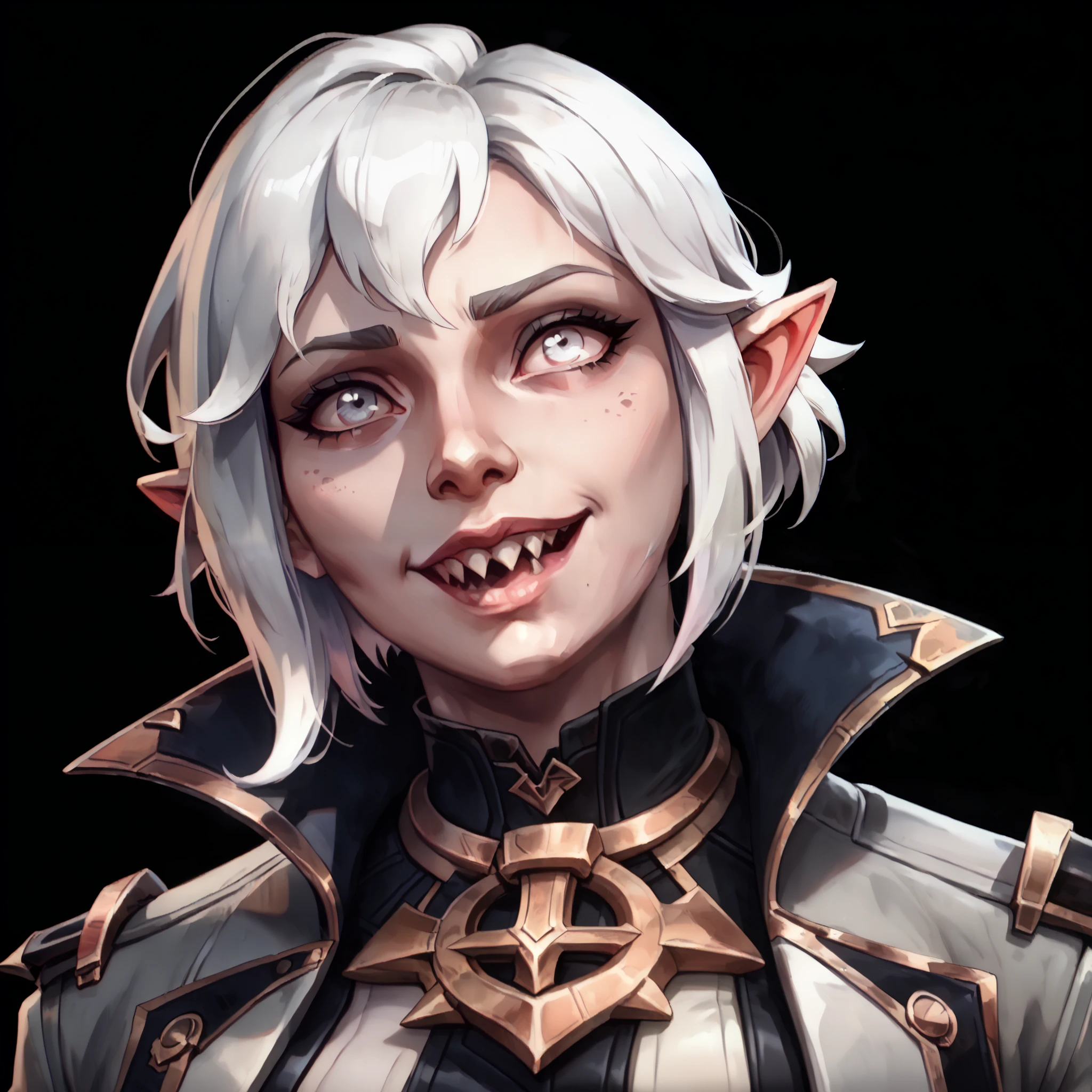 one woman, briar from league of legends, (pale eyes:1.2), (grey skin:1.2), bob haircut, white hair, pointy ears, sharp teeth, (upper body:1.3), (black background, clear background:1.5), (grey military jacket:1.2), (studio lights, deep shadows:1.3), (big chest:1.2), (joyful face, horny face:1.2)