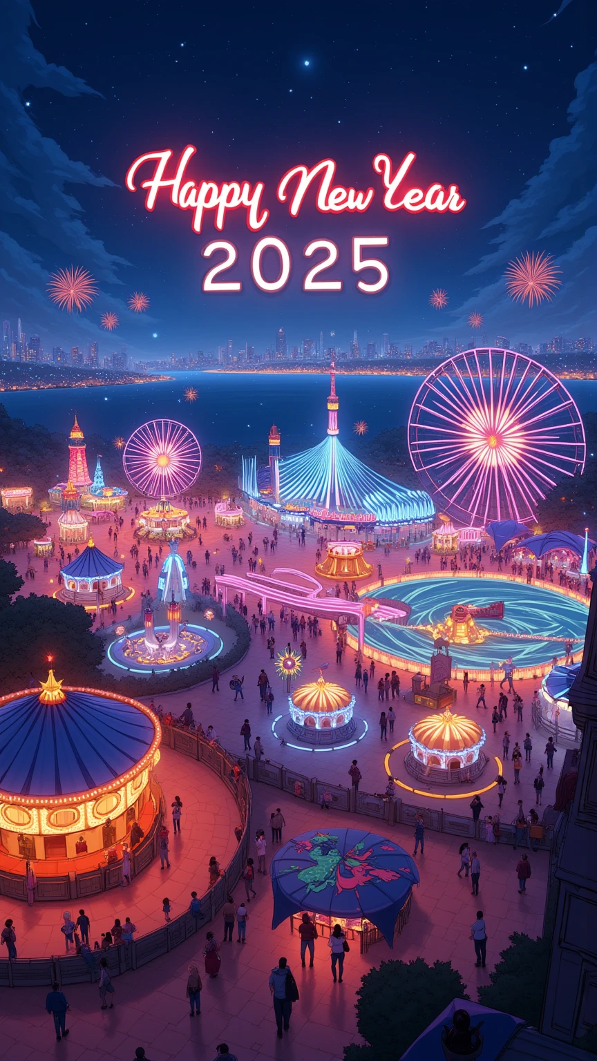 (masterpiece, high quality, 4K, 8K, detail), art poster with neon sign “HAPPY NEW YEAR 2025”, amusement park at night seen from above, Ferris wheel glowing in a circle, roller coaster track, carousel, and many other lights in the amusement park, many lights in the amusement park are shining The amusement park at night seen from the sky, the Ferris wheel glowing in a circle, the roller coaster track, the merry-go-round, many lights in the amusement park shining, people visible, glamorous illumination, “HAPPY NEW YEAR 2025” neon sign in the sky, fireworks, long shot, New Year's celebration poster, wallpaper,