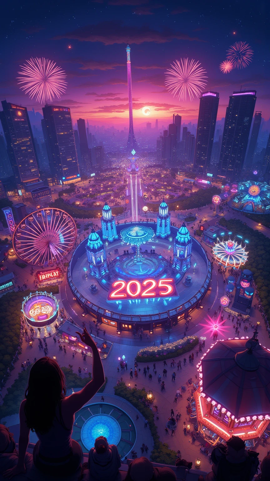 (masterpiece, high quality, 4K, 8K, detail), art poster with neon sign “HAPPY NEW YEAR 2025”, amusement park at night seen from above, Ferris wheel glowing in a circle, roller coaster track, carousel, and many other lights in the amusement park, many lights in the amusement park are shining The amusement park at night seen from the sky, the Ferris wheel glowing in a circle, the roller coaster track, the merry-go-round, many lights in the amusement park shining, people visible, glamorous illumination, “HAPPY NEW YEAR 2025” neon sign in the sky, fireworks, long shot, New Year's celebration poster, wallpaper,
