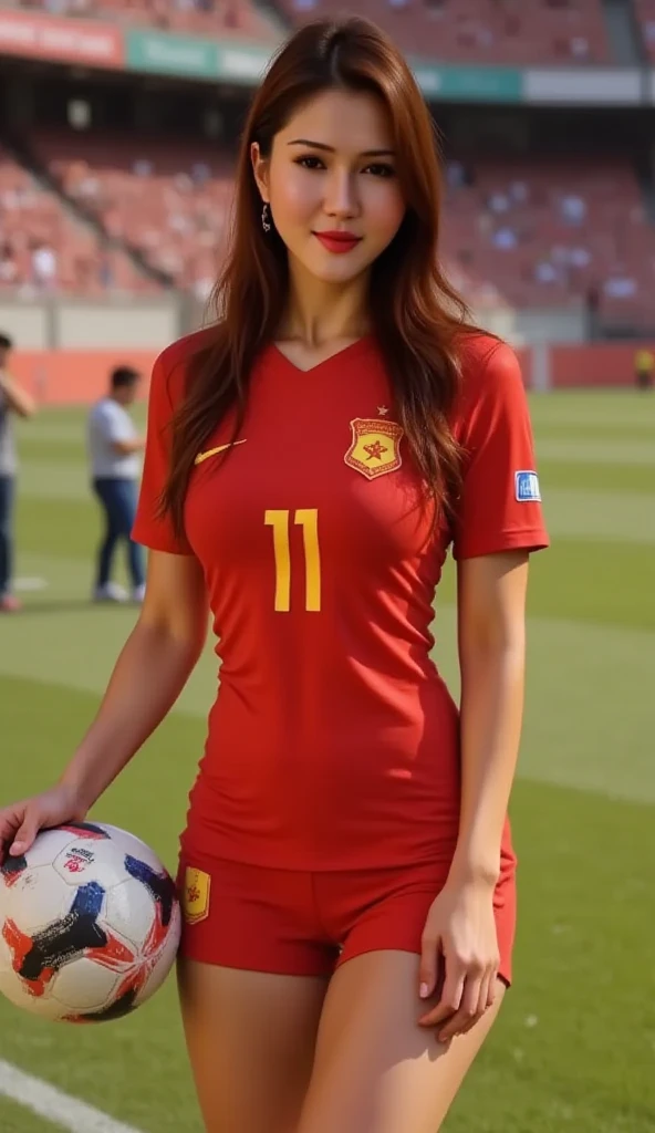 ((Best Quality, 8K, Masterpiece: 1.3)), 1girl, Slim Abs Beauty: 1.3, (Hairstyle Casual,Super Big Breasts: 2.5), Dress: 2.5, Super Fine Face, Delicate Eyes, Double Eyelids, Smile,Korean Girl,Age 17,Ponytail Brown Hair,Tight Wet Red Indonesian Shirt And Torn Wet White Mini Skirt Outfit,On The Football Field,And Playing Football,Kick The Ball And Goal,