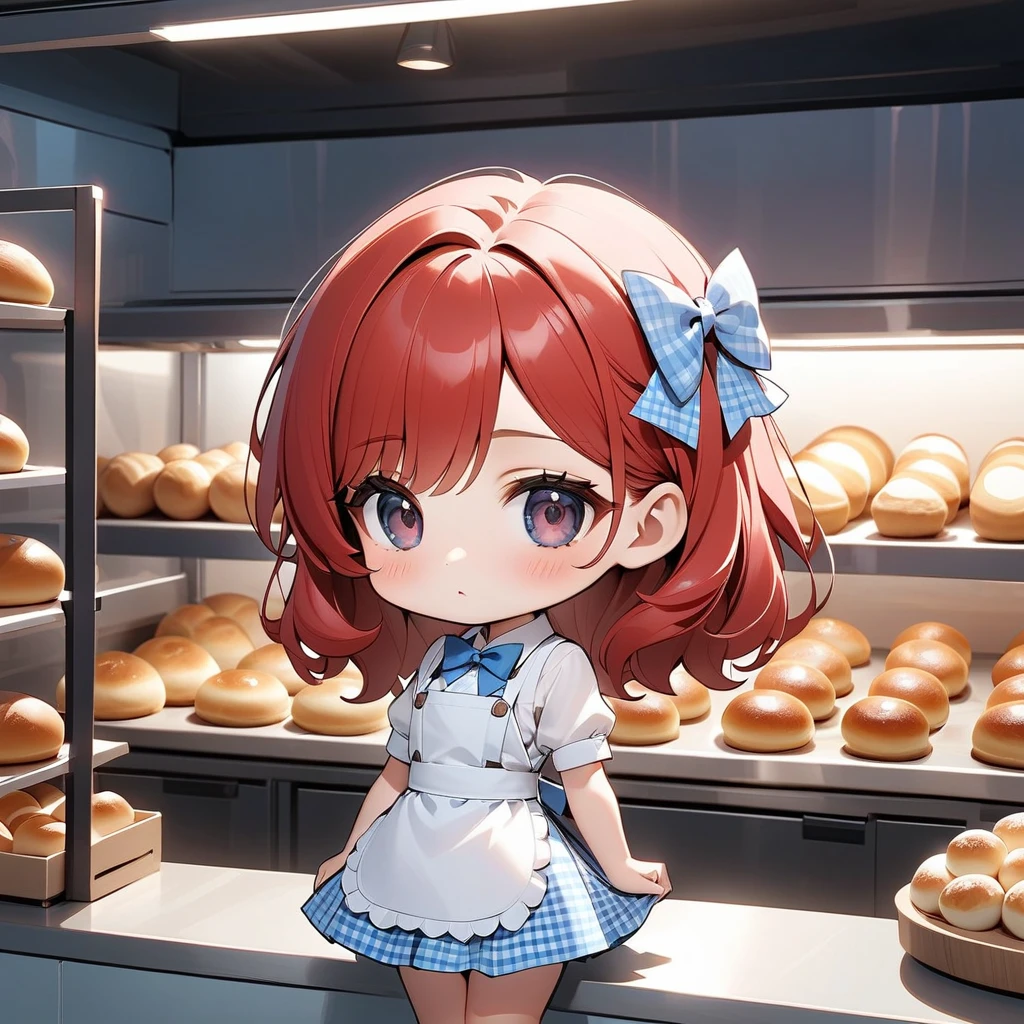   Top Quality , masterpiece,   Kylie Lightmash   , Alone,   ( single girl working at a bakery  ) ,   dark eyes、(  white blouse with wing collar 　Blue bow tie）,(Blue and white gingham plaid 　 high waisted apron without breastplate),(blue curly skirt), (Chibi: 0.6),    Bright Red Hair   ,    cute,  