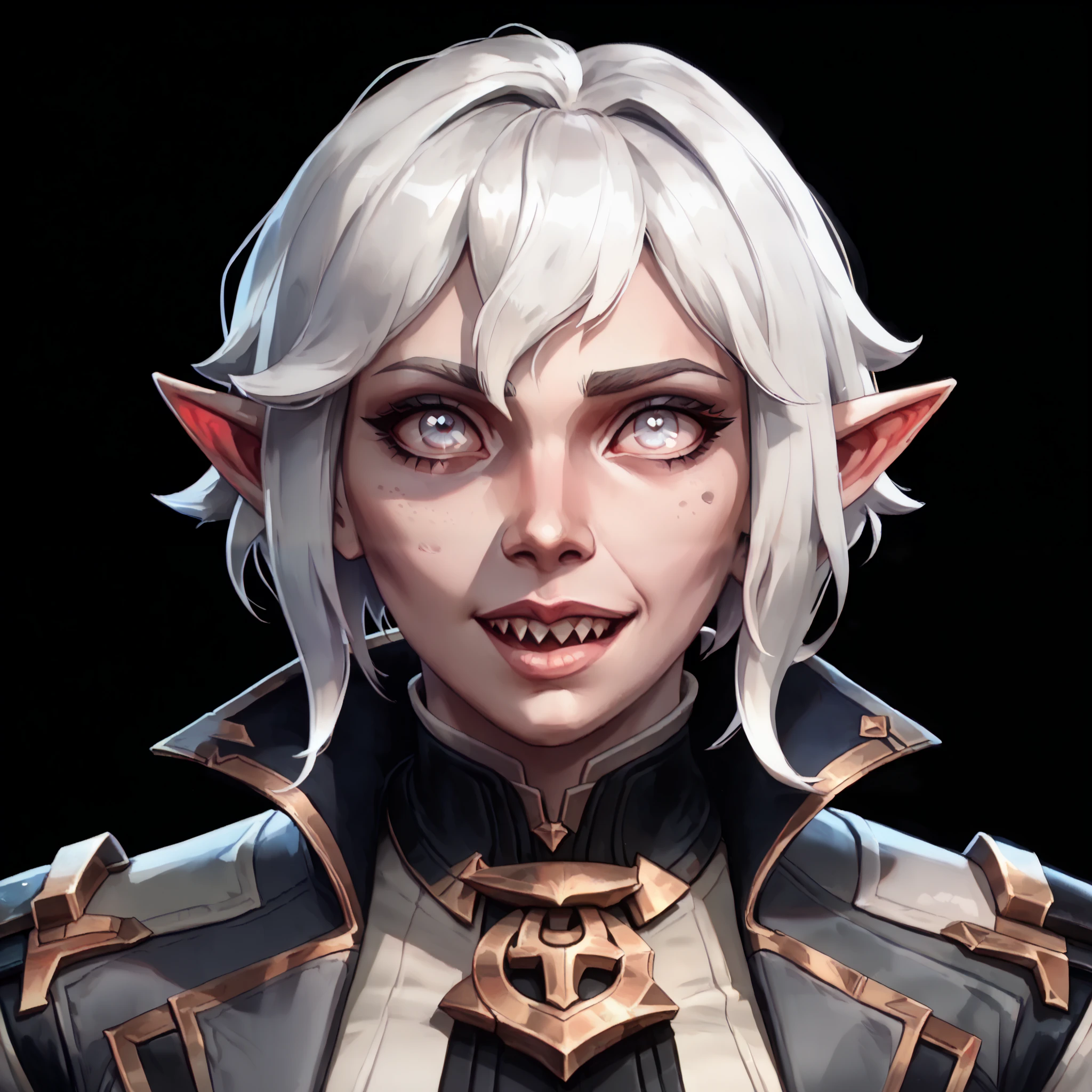 one woman, briar from league of legends, (pale eyes:1.2), (grey skin:1.2), bob haircut, white hair, pointy ears, sharp teeth, (upper body:1.3), (black background, clear background:1.5), (grey military jacket:1.2), (studio lights, deep shadows:1.3), (big chest:1.2), (joyful face, horny face:1.2)