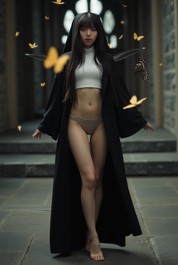 8K, Top Quality, Intricate Details, Ultra Detail, Ultra High Resolution, Masterpiece, close up shot, Slender, Smile, (Makeup: 0.4), (Fluffy Blue Eyes: 1.21), blue Eyes, looking at viewer, (()), 1girl, solo, 1 girl, (( )), , , ((tall)), (((fit body))), (((slim face))), sharp face ,black hair, long hair,, )) , (detailed face), sharp face, small lips, standing Crossing Ankles, , ((naked , cape, long glove, long sock)), ((detail belly )), detail fingers, detail hands, detailed face, detailed breast, , large breast, ,  , Beautiful girl with accentuated slender abs: 1.4, Six Pack Abs: 1.4, Bust Botox, Big, Perfect Body, (( dark background)), black background,