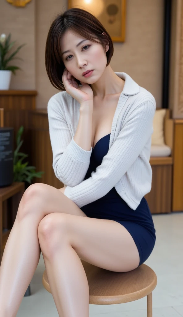 Dark brown hair、Light brown eyes、Japanese actress、 Lady、I am about 40 years old...........、(Intricate details:1.2)、 (Ultra-high resolution:1.2)、Ultra-high resolution、(Finely tuned)、(Detailed facial features)、Hmph、8K resolution、D cup size breasts、Long Hair、Tulle Frills Top、Denim pants、At the terrace cafe、Basking in the sunshine、Sitting on a chair on the terrace、Beautiful legs、Sandals、