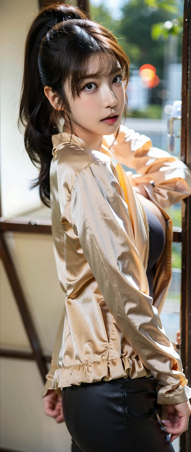 japanese beautiful woman,Ultra detailed skin,Ultra-fine,drooing eyes,high detailing,(short-haired with bangs:1.2),(Photorealsitic:1.4),(Top image quality:2.0),(超A high resolution:1.0), (masterpiece:1.5),(pureerosface:1.5),big eye,the skin is wet,White and beautiful skin,((Shiny satin fabric shirt,Satin Fabric Pants)),Focus on the buttocks,sexypose,squatting and spread legs,photographed from the back,