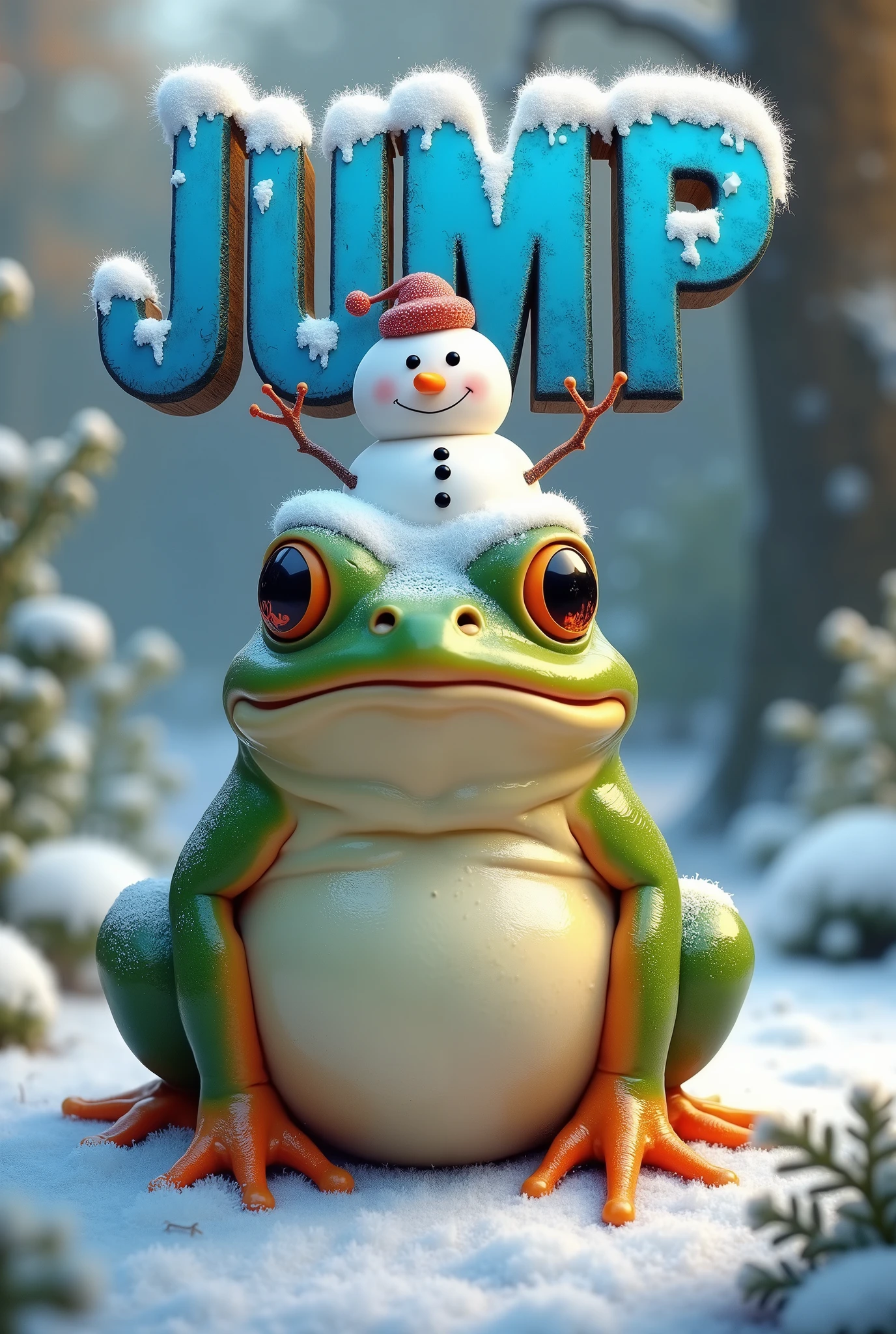 snowy garden,((fat))  frog with a snowman on its head,Dissatisfied face,cute,Digital Art,photo,((At the top of the image, place the text "JUMP" in ((large, bold, distressed blue letters)), in a sans-serif font,The text should have a cinematic style, with slight shadow or glow effects to make it stand out against the background)),