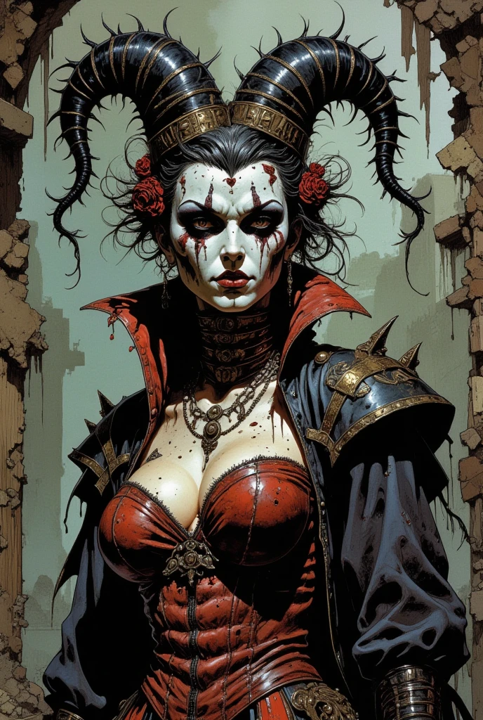 Artwork of a magnificent ((scary and gloomy)), ((broken)), ((macabre)), ((morbid)), ((chipped)) (((porcelain carnival sexy mask))), ((sexy)), ((glamour)), ((rococo)), ((big sagging breasts)), ((ornate piercings)), ((ornate decorations))