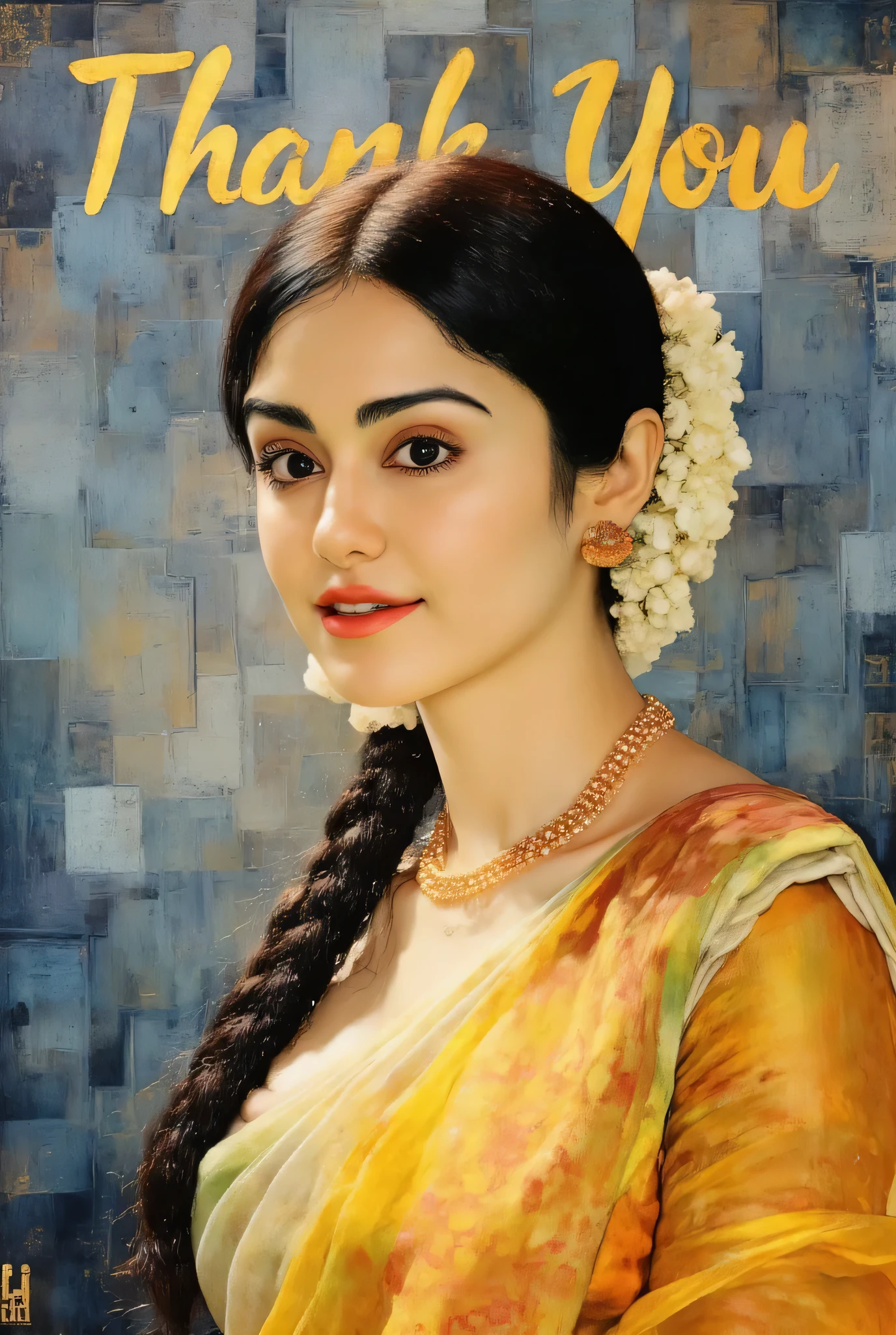Design a classic palette knife painting of the actress surrounded by abstract swirls of light and color. The words 'Thank You' are integrated into the artwork's brushstrokes, blending naturally with the flow of the painting, symbolizing gratitude embedded in art."