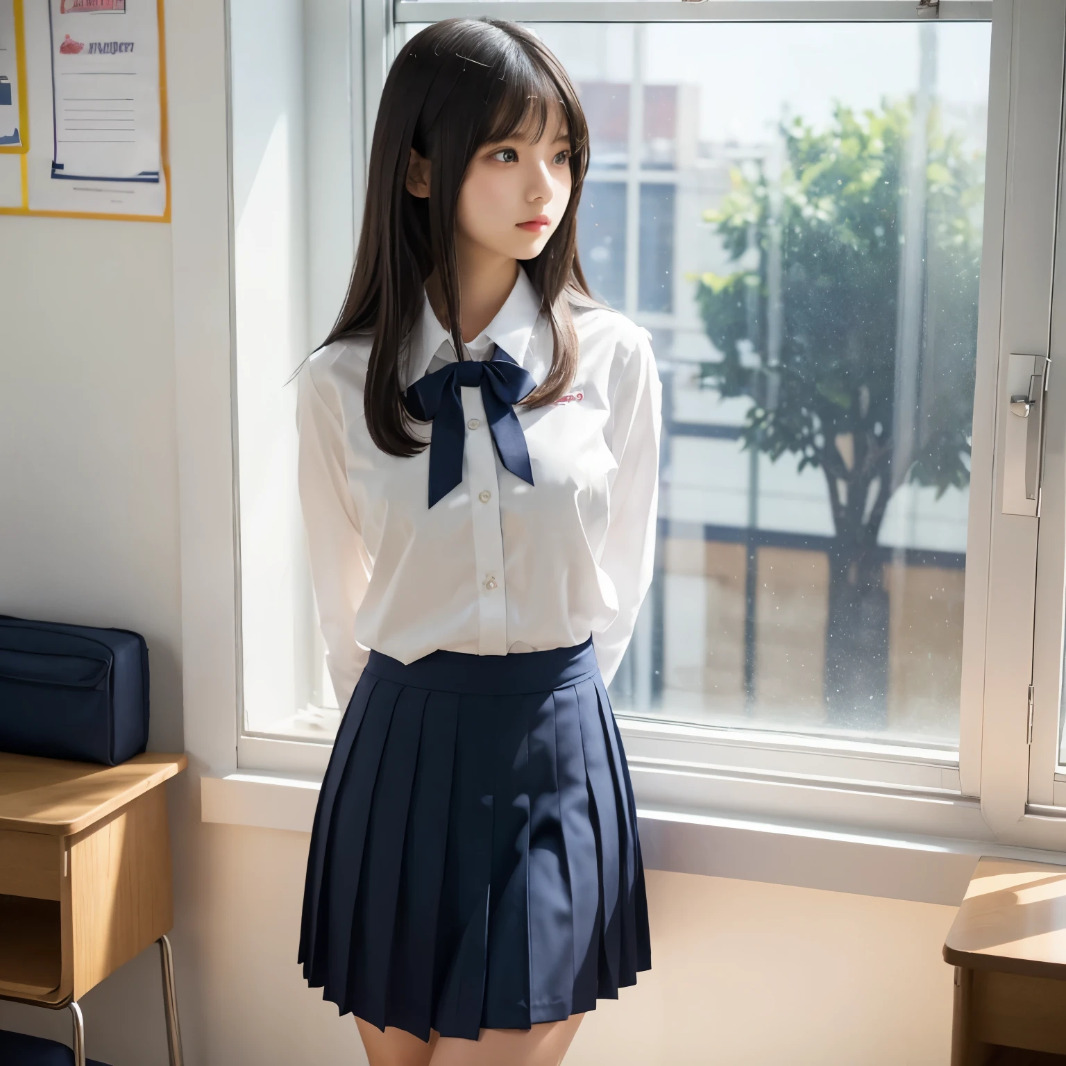 Women's High School Uniform,  white shirt and navy blue skirt, ribbon,  school classroom,  natural light shining through the window , Looking out by the window ,  girl, busty,  black hair,  straight hair,  with bangs, 's greatest masterpiece,  professional lighting