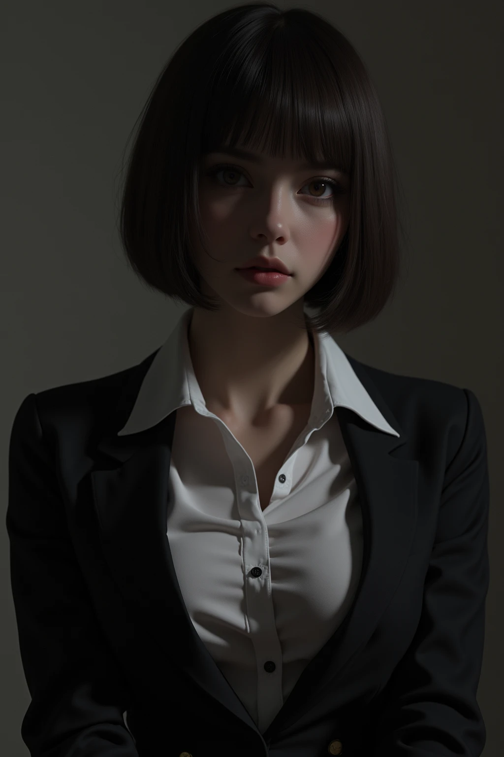 (8k,  top quality, masterpiece:1.2), ( realistic due diligence:1.4),  RAW photo,  top quality,  ultra high definition ,  best shadows, (Full body:1.4),  short-haired woman with penis inserted, suit , massive overwhelming environment , horror, dark horror,  highly detailed facial features,  beautiful perfect face , Perfect eyes