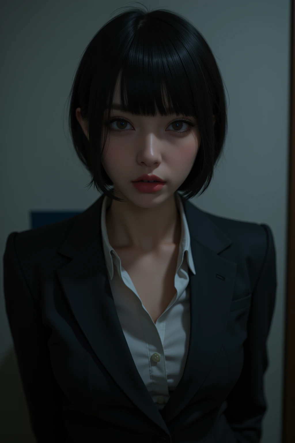 (8k,  top quality, masterpiece:1.2), ( realistic due diligence:1.4),  RAW photo,  top quality,  ultra high definition ,  best shadows, (Full body:1.4),  short-haired woman with penis inserted, suit , massive overwhelming environment , horror, dark horror,  highly detailed facial features,  beautiful perfect face , Perfect eyes