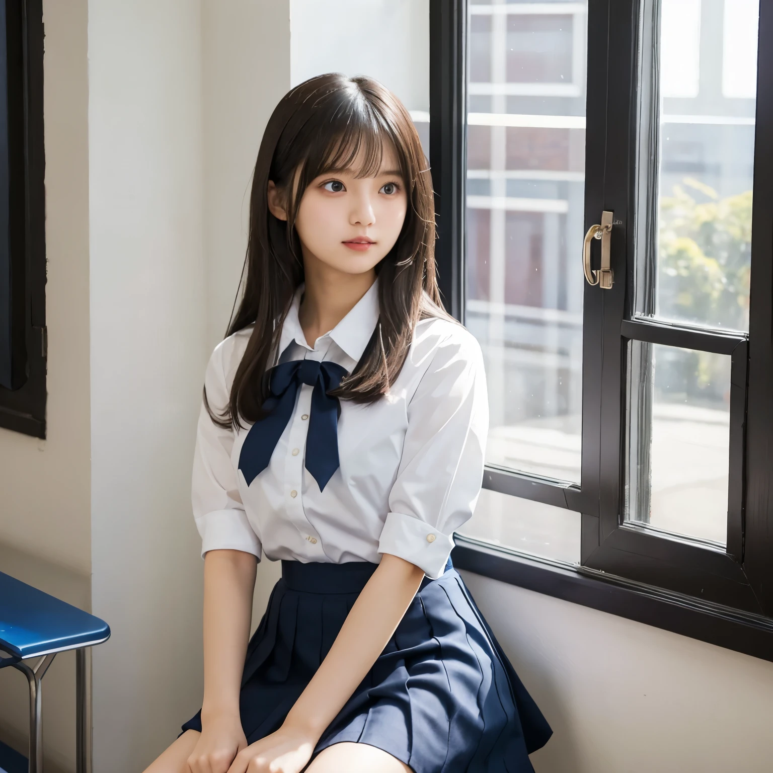 Women's High School Uniform, white shirt and navy blue skirt, ribbon, school classroom, natural light shining through the window , Looking out by the window , girl, busty, black hair, straight hair, with bangs, 's greatest masterpiece, professional lighting