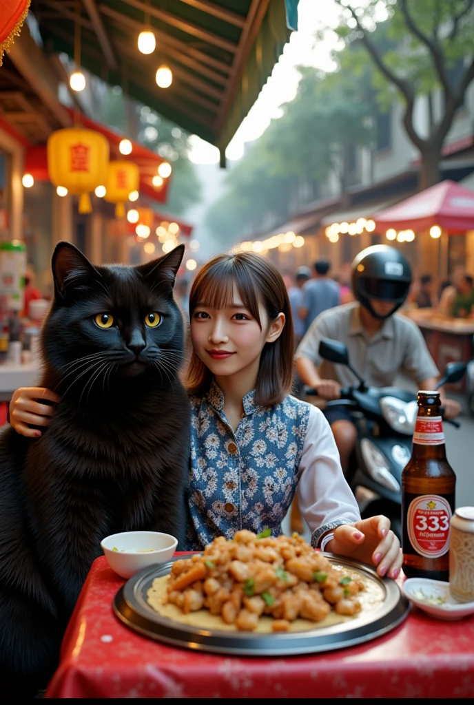 ultra-realistic, photorealistic, dramatic scene, shadow, global-illumination, solo, 1 girl\( 20 years old Japanese beautiful girl, beautiful with cute face, wearing snow patterned blue ao dai, shoulder-length brown hair, accessories, holding a bottle of Vietnamese 333 beer\), 1 human-like giant black cat\( human-like giant black cat, wearing a white shirt with short sleeves, slight taller than the girl, little chubby, standing with her\), the girl and a human-like giant black cat are sitting at the festive decorated open-air stall facing to the downtown street in Ho Chi Minh city in 2000, rows of miscellaneous buildings, trees, Crowded with many motorcycles and scooters, simple table and chair, large plate of gorgeous Vietnamese food and bowl of noodles are on the table,