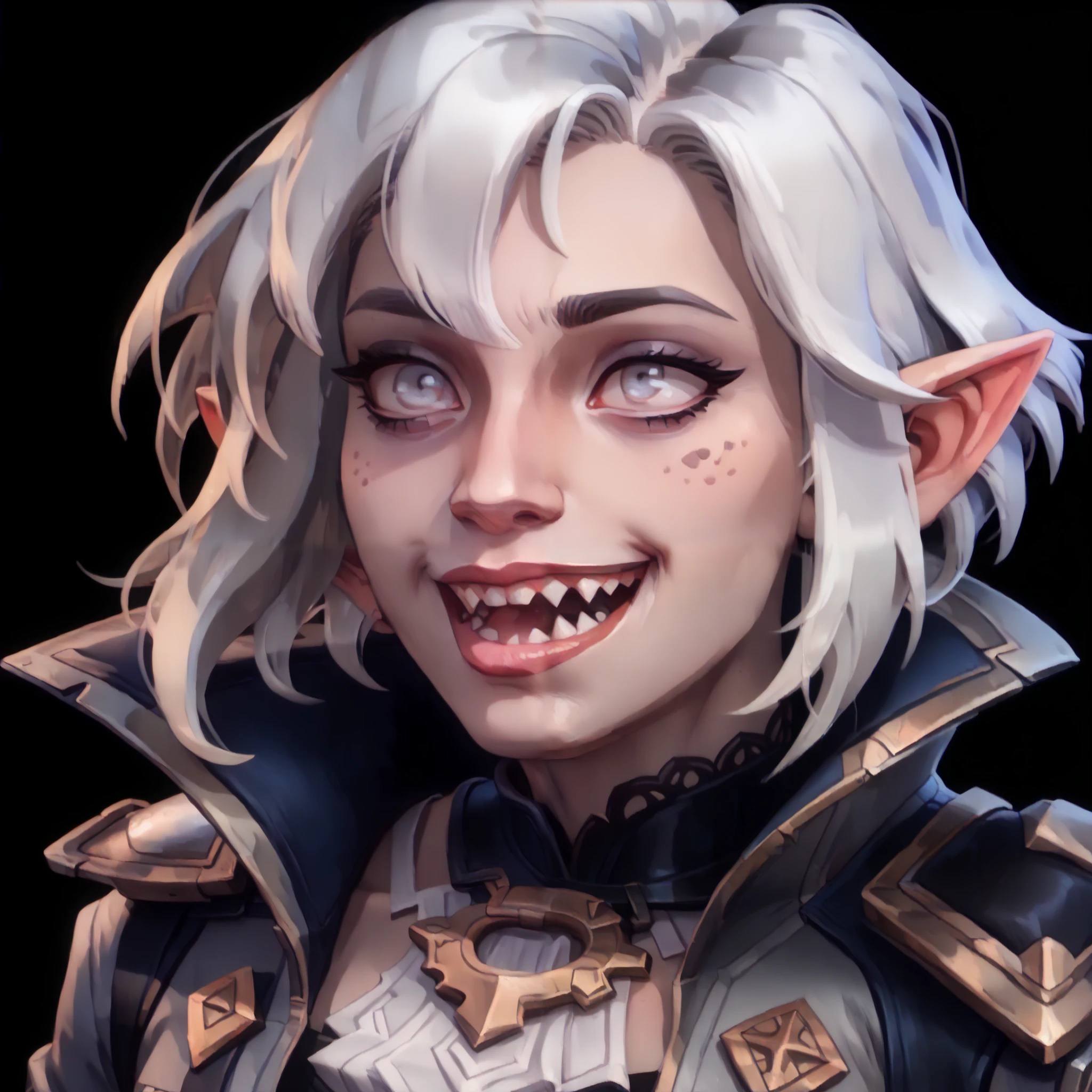 one woman, briar from league of legends, (pale eyes:1.2), (grey skin:1.2), bob haircut, white hair, pointy ears, sharp teeth, (upper body:1.3), (black background, clear background:1.5), (grey military jacket:1.2), (studio lights, deep shadows:1.3), (big chest:1.2), (joyful face, horny face:1.2)