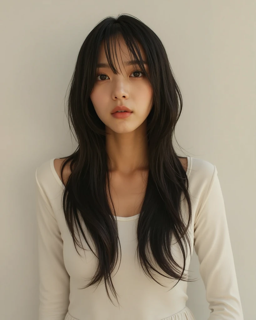 Create an Asian long-haired beauty,Wearing a white turtleneck tights,Full figure,Upper Body,Scratching scalp with both hands,Oily scalp with lots of dandruff,The expression is hideous,The characters are realistic and realistic,Pure white background,9:16 frames,Ultra-high-definition picture quality