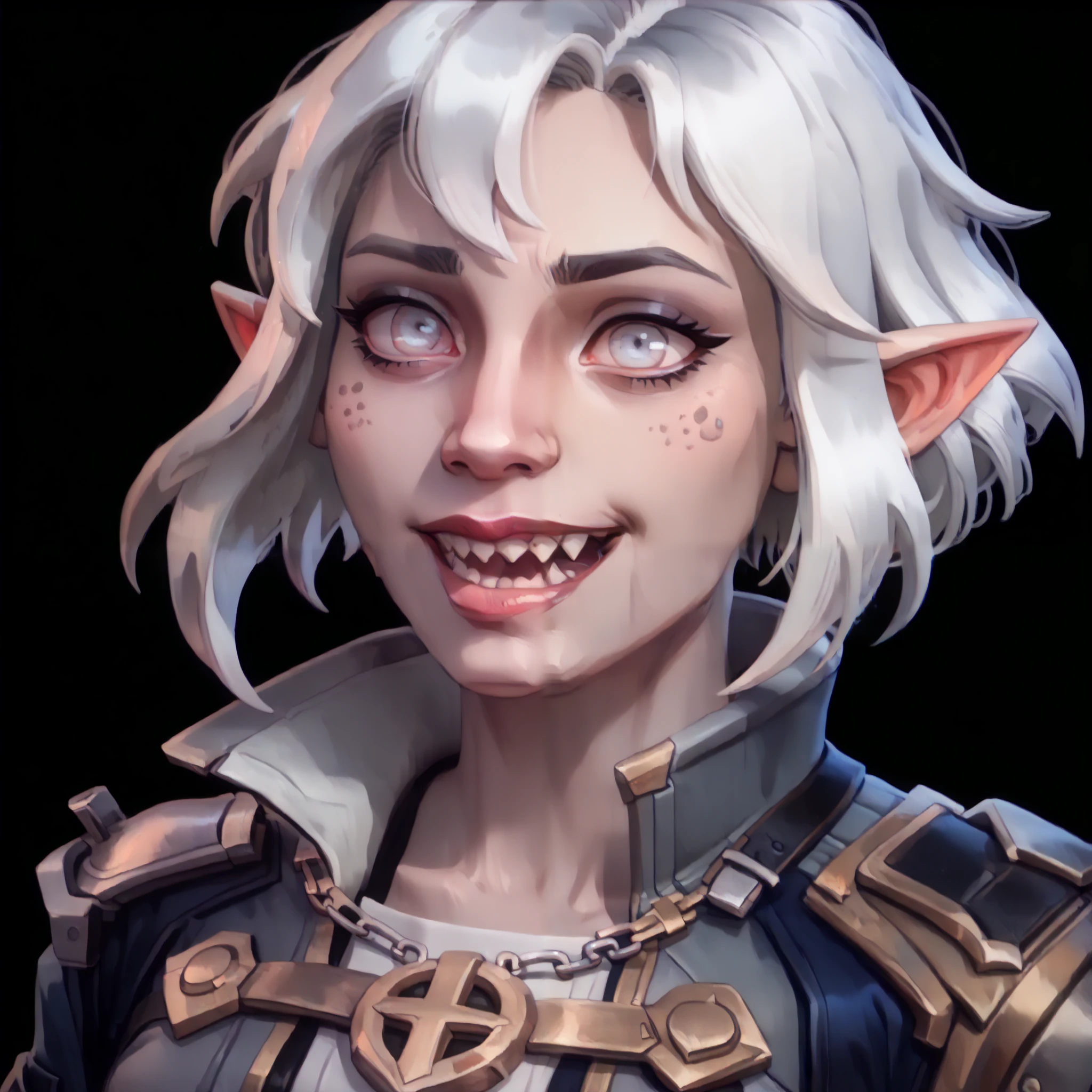 one woman, briar from league of legends, (pale eyes:1.2), (grey skin:1.2), bob haircut, white hair, pointy ears, sharp teeth, (upper body:1.3), (black background, clear background:1.5), (grey military jacket:1.2), (studio lights, deep shadows:1.3), (big chest:1.2), (joyful face, horny face:1.2)