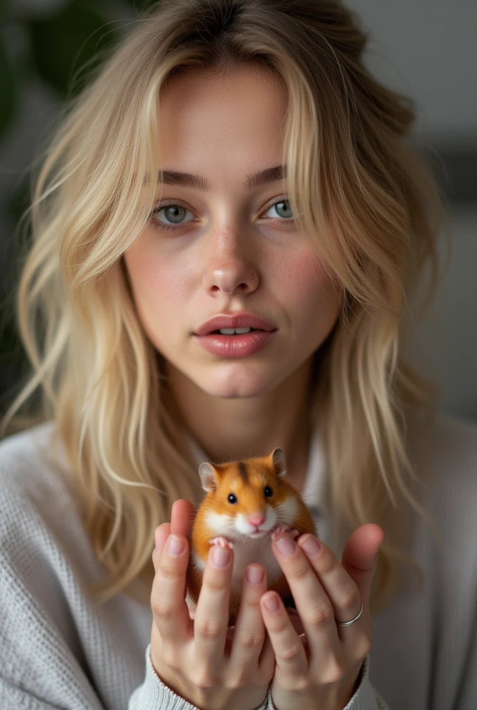 Best quality, 16k, masterpiece: 2.0, , 1.60 m tall, beautiful teenager, German woman with medium-length blonde hair, her face is without make-up and naturally beautiful, (without make-up: 2.0), thin lips, small fingernails, female body, smile, her face, neck and upper body with hamster are seen from a bird's eye view, from a distance, photographed from the front with the whole body, in both Hamster hands, the woman sits upright on the edge of the bed in front of the camera, the picture was taken spontaneously in the bedroom, perfect hands and face, no image noise. Sharp focus on and background, highly detailed person and hamster, clear details for and surroundings, ultra-sharp focus, person and background equally detailed, ((ultra-realistic image of a woman with a hamster)), (looking at the hamster)