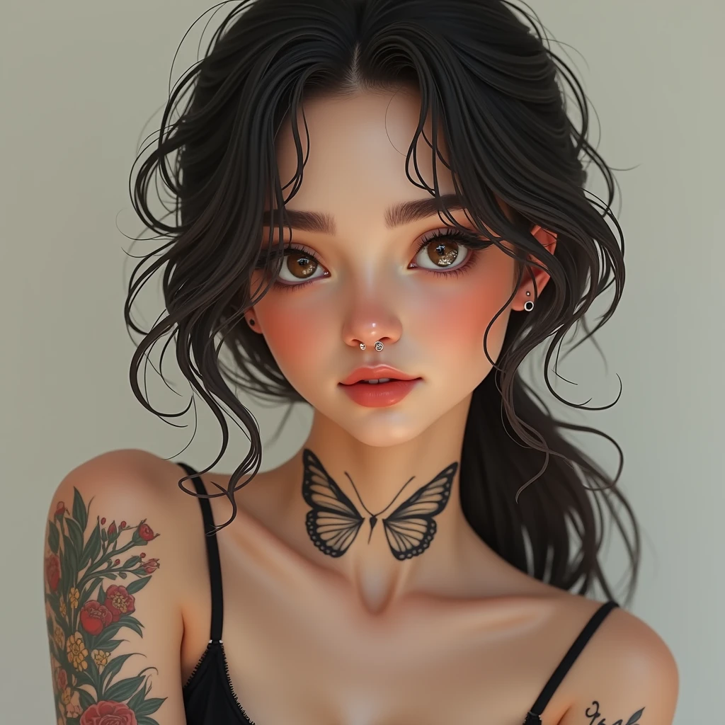 Anime-style woman, thin, thin, whole body, Full of tattoos, Lots of earrings, Beautiful and shiny hair, Rainbow Eyes, Slanted Eyes, Wavy Hair, Kind and charming, Expose your shoulders, Delicate and sexy collarbone, Attractive oval face, double eyelid, Pink Lips, Small Nose, Concentrated face, Ultra-high resolution, Very detailed, Graceful posture, Nice, ultra-thin, Tribal tattoo body paint, Glowing Skin, Realistic Background, sunlight