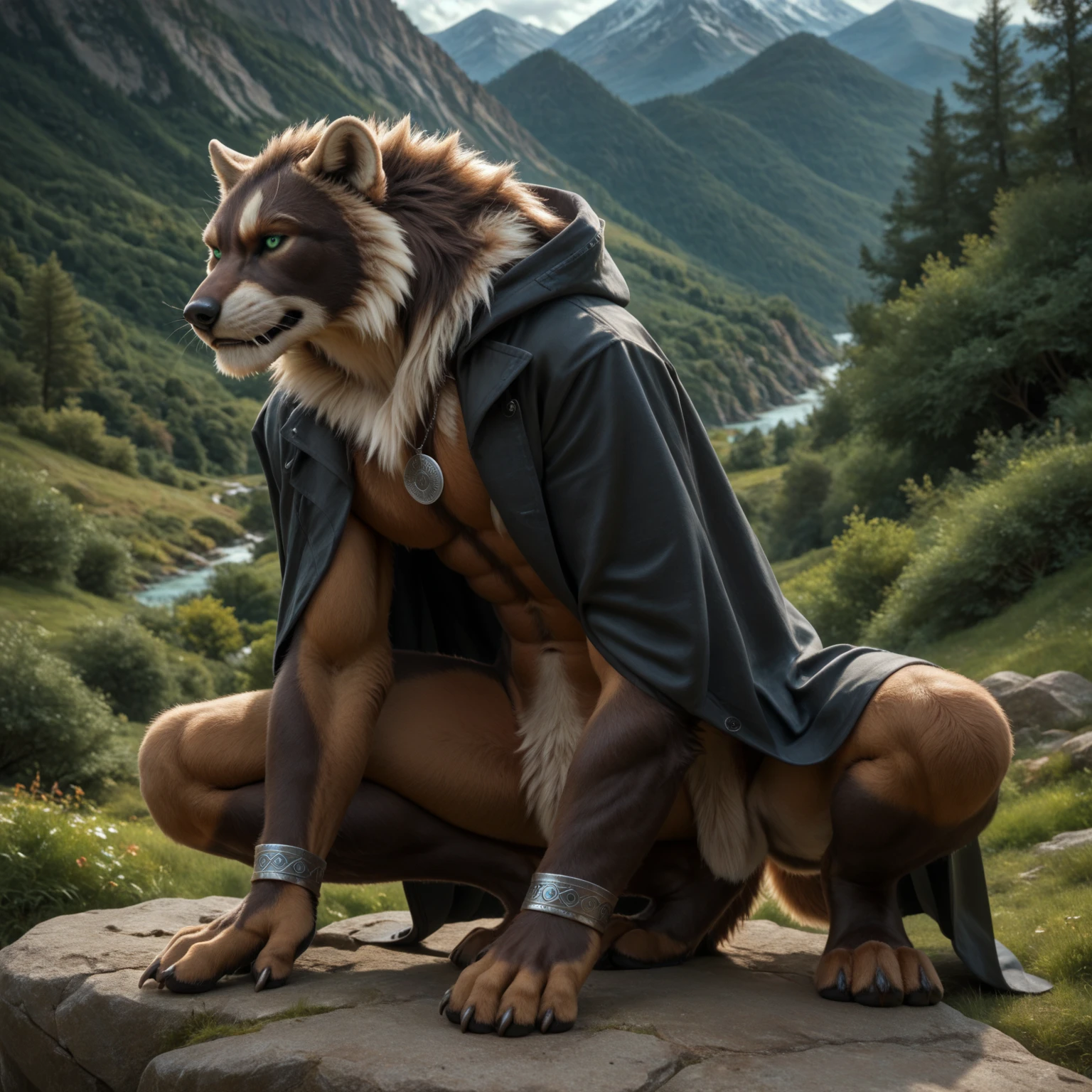 score_9, score_8_up, score_7_up, score_6_up, wolverine, male, with mane, anthro, crouches down, human-like hands, (detailed background), nature, in the high mountains, (solo), high quality, furred body, fluffy, silver bracelets on all legs, silver bracelets on the calf, with claws, silver collar with medallion, intense panther-coat-pattern on the entire body, makes grimaces, strong dark coat markings, (detailed eyes, green eyes), slightly muscled, highly detailed, realistic fur, beautiful, photorealism, photorealistic, dslr, photo, full body, pawpads, paw pads, dutch angle