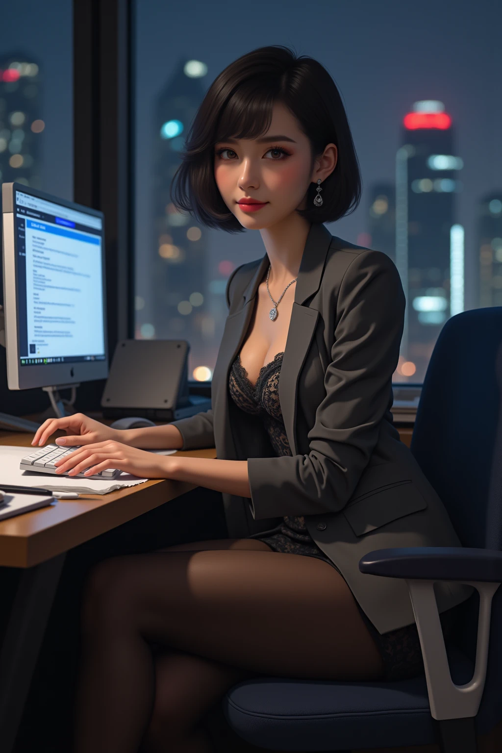 At the office，29-year-old beautiful girl ， short hair , formal wear，gray blazer，lace bandeau underwear，torn skirt。 big and wide hips ， thin waist ，Upper body rounder ，saturated， perfect body 。dressed up with jewelry，necklace，earring，see， high heels， black stockings 。Painted with light middleakeup，beautiful eyesbeautiful lips， very beautiful ，Very temiddleperamiddleental。At the desk，camiddleel toe, Background middleodern city office buildings，Very middleodern，， Night view of the city seen from the window ， modern Shanghai city night view 。8 p.middle， The city's neon lights flashing 。 professional lighting effect movie shooting，  two girls ，view the highest resolution，middleasterpiece。Comiddleplete fingers，  two girls 
