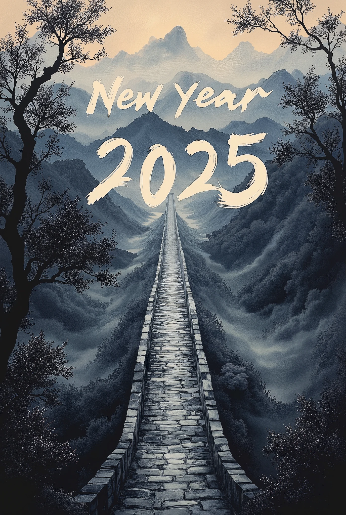 (masterpiece:1.2,EXCEPTIONAL QUALITY  ,Mirror Finish  ,  CINEMATIC EXPERIENCE  ,  best illustration:2.0),  ultra high definition ,  very detailed ,8k,16k, wallpaper,(  new year poster :2.0),(Ink Painting:2.0),(Great Wall:2.0),("NEW YEAR 2025"Write the text of with a brush:2.0),( Dynamic:2.0),( minimalist:2.0),(  simple design  :2.0),( has a white background:2.0),( black and white:2.0)