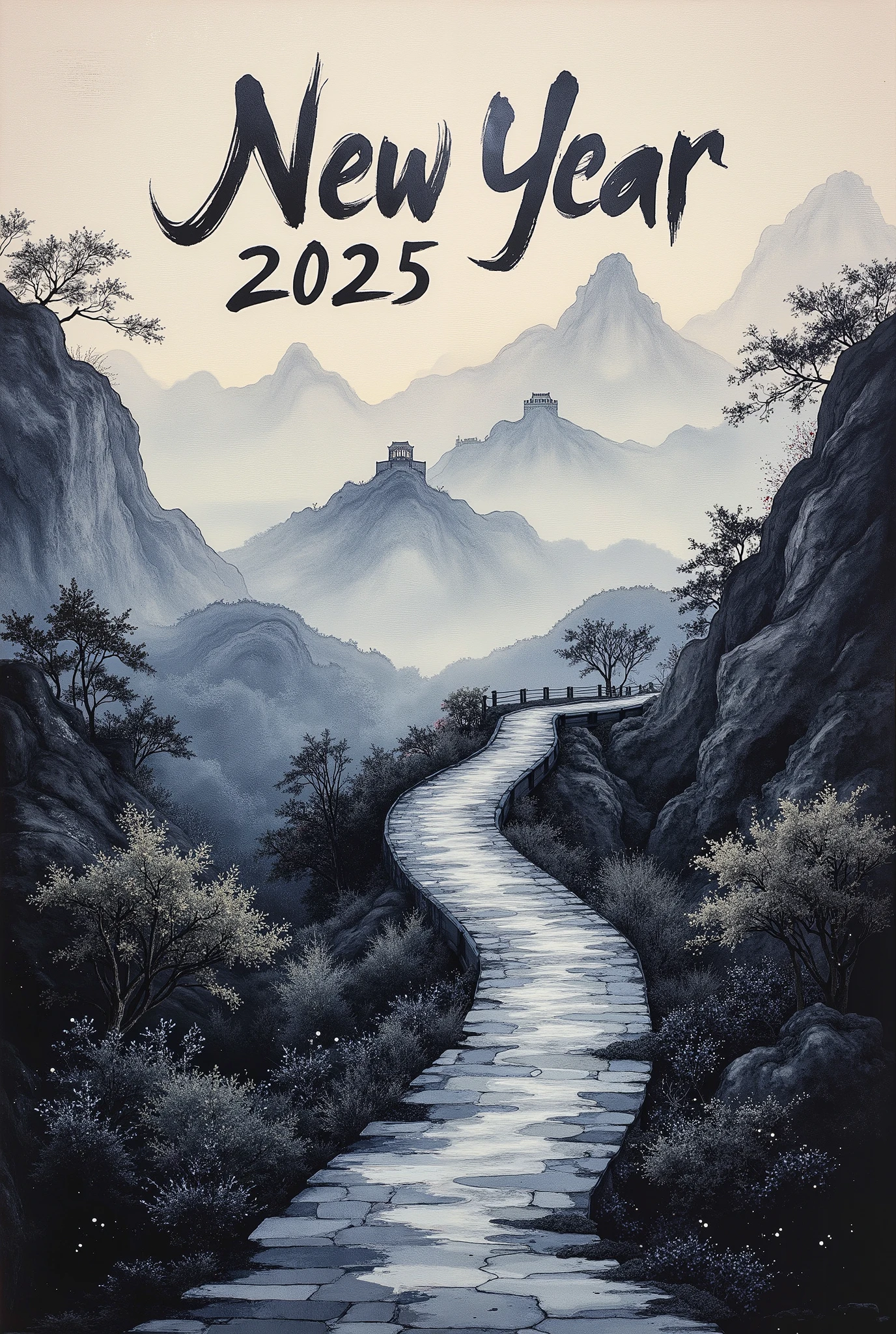 (masterpiece:1.2,EXCEPTIONAL QUALITY  ,Mirror Finish  ,  CINEMATIC EXPERIENCE  ,  best illustration:2.0),  ultra high definition ,  very detailed ,8k,16k, wallpaper,(  new year poster :2.0),(Ink Painting:2.0),(Great Wall:2.0),("NEW YEAR 2025"Write the text of with a brush:2.0),( Dynamic:2.0),( minimalist:2.0),(  simple design  :2.0),( has a white background:2.0),( black and white:2.0)