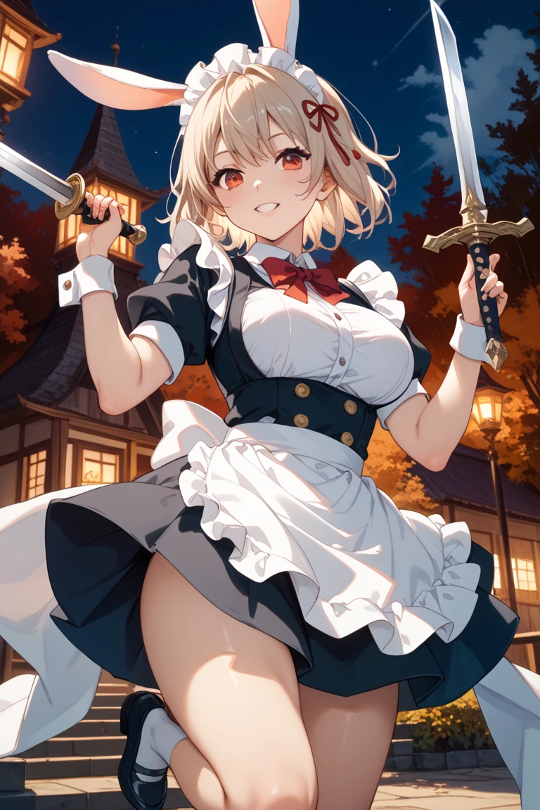 masterpiece, best quality, ultra detailed, highres, extremely detailed CG unity 8k wallpaper, perfect lighting, very detailed background, Outdoor、beautiful and aesthetic,sharp focus, perfect face, Perfect hands、Perfect Fingers、Perfect toes、Five fingers、
1woman、 smiling、
Short blonde, large red eyes、delicate oval face、
(flat breasts:1.4)、Looking up at the viewer、
(Black maid outfit:1.5)、
Ambient light、Volumetric Light、shoot from side、(Glowing Skin:1.3)