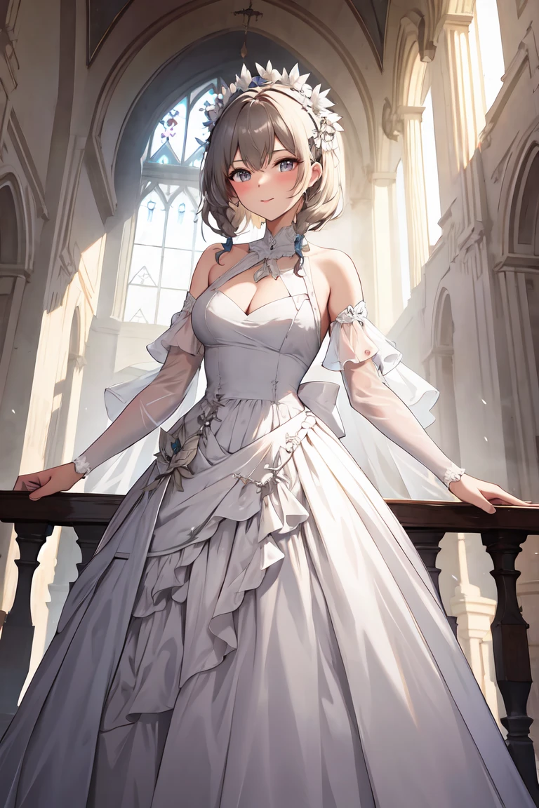 Beautiful arts wallpaper moonlight Outside castle top High level image quality best image quality 8K adult woman silver castle hall more colors whole body view portrait wearing pure white Goddess dress horn ears short hair((shortcut)(gray hair)(perm)(fluffy)) eye color is blue , evil face , face detailed , face fixed , smile , labrynth , barefoot , teasing with her breast, , standing , looking at the windows , stovie , crystal chandaglier , white curtains