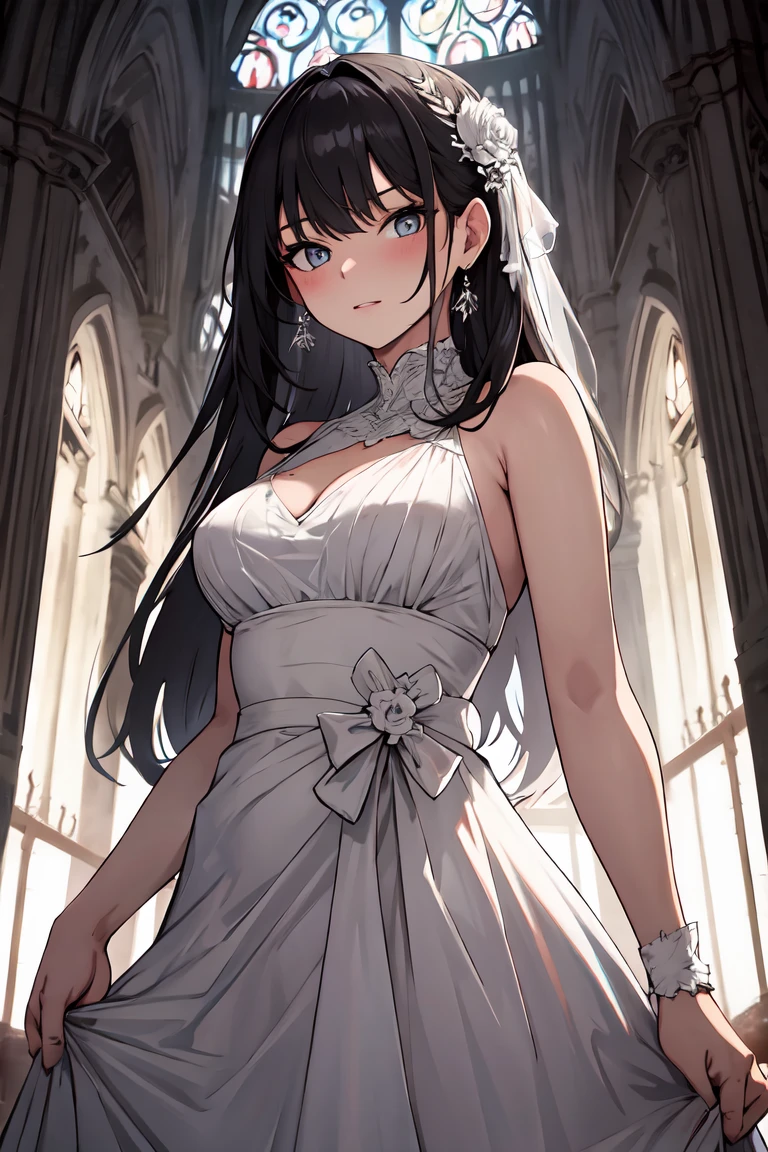masterpiece、Highest quality、Very detailed))、One girl、Black Hair、Black Hair、Long Hair、Two Side Up、Grey Eyes、evil smile、((Grin))、((lots of piercings))、((Small breasts))、((white wedding dressた:1.3))、Off the shoulder、Strapless、Cowboy Shot、Church Background