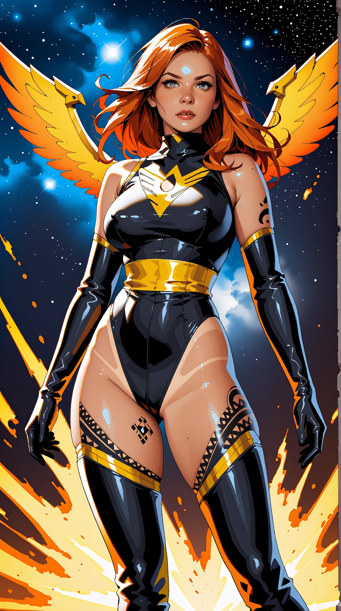 Color Field Painting, black background, a coloured line drawing of an illuminated copper-toned Malaysian female superhero walking in a rocky landscape, brass filigree inlay, intricate, crisp lines pamcrystal <lora:pam_crystal:0.85>