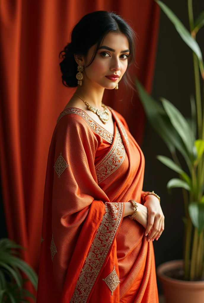 Create an image of a 24-26-year-old woman exuding elegance and grace in a saree. She should have a radiant and confident demeanor, with traditional yet contemporary features. The saree should be richly adorned, perhaps with intricate embroidery or vibrant patterns, complementing her youthful charm. Her hairstyle can be elegant, possibly with soft waves or a classic updo, and her makeup should be natural, enhancing her beauty. The background can be subtle and sophisticated, highlighting her poise and the beauty of the saree.