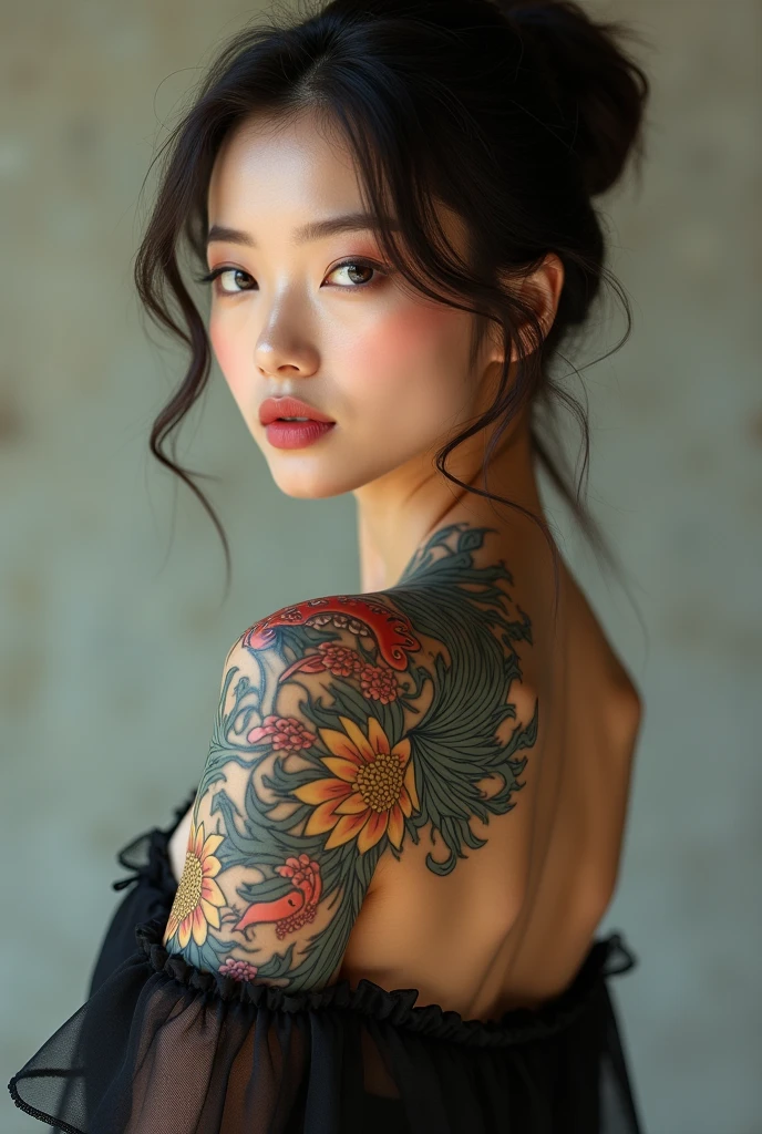 (best quality,highres:1.2), (photorealistic:1.4),low angle portrait, seen from back, bare yakuza girl soaking in onsen at natural hot spring,look at viewer,detailed face,beautiful detailed grey blue eyes,beautiful detailed lips,seductive smile,eyebrows well-groomed,long eyelashes,clear skin ,natural blush,slim body posture, exposed shoulder,intricate detailed and vibrant irezumi tattoo on back body,elegant and intricate jewelry,delicate necklace and earrings,traditional hair accessories,short hair with bangs,shiny gemstones,soft and flawless makeup,soft and natural lighting,subtle shadows on the face,radiant and vibrant colors,photorealistic rendering, photon mapping, foggy and dramatic atmosphere