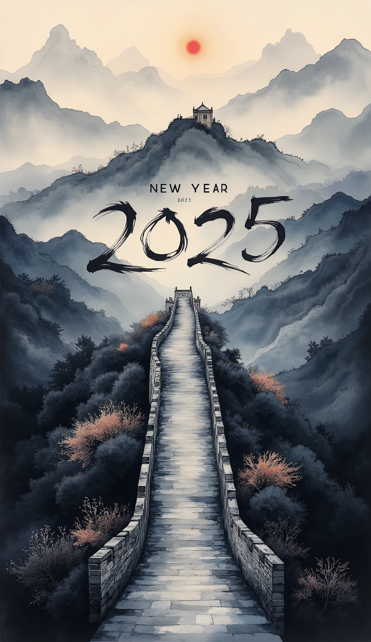 (masterpiece:1.2,EXCEPTIONAL QUALITY  ,Mirror Finish  ,  CINEMATIC EXPERIENCE  ,  best illustration:2.0),  ultra high definition ,  very detailed ,8k,16k, wallpaper,(  new year poster :2.0),(Ink Painting:2.0),(Great Wall:2.0),("NEW YEAR 2025"Write the text of with a brush:2.0),( Dynamic:2.0),( minimalist:2.0),(  simple design  :2.0),( has a white background:2.0),( black and white:2.0)