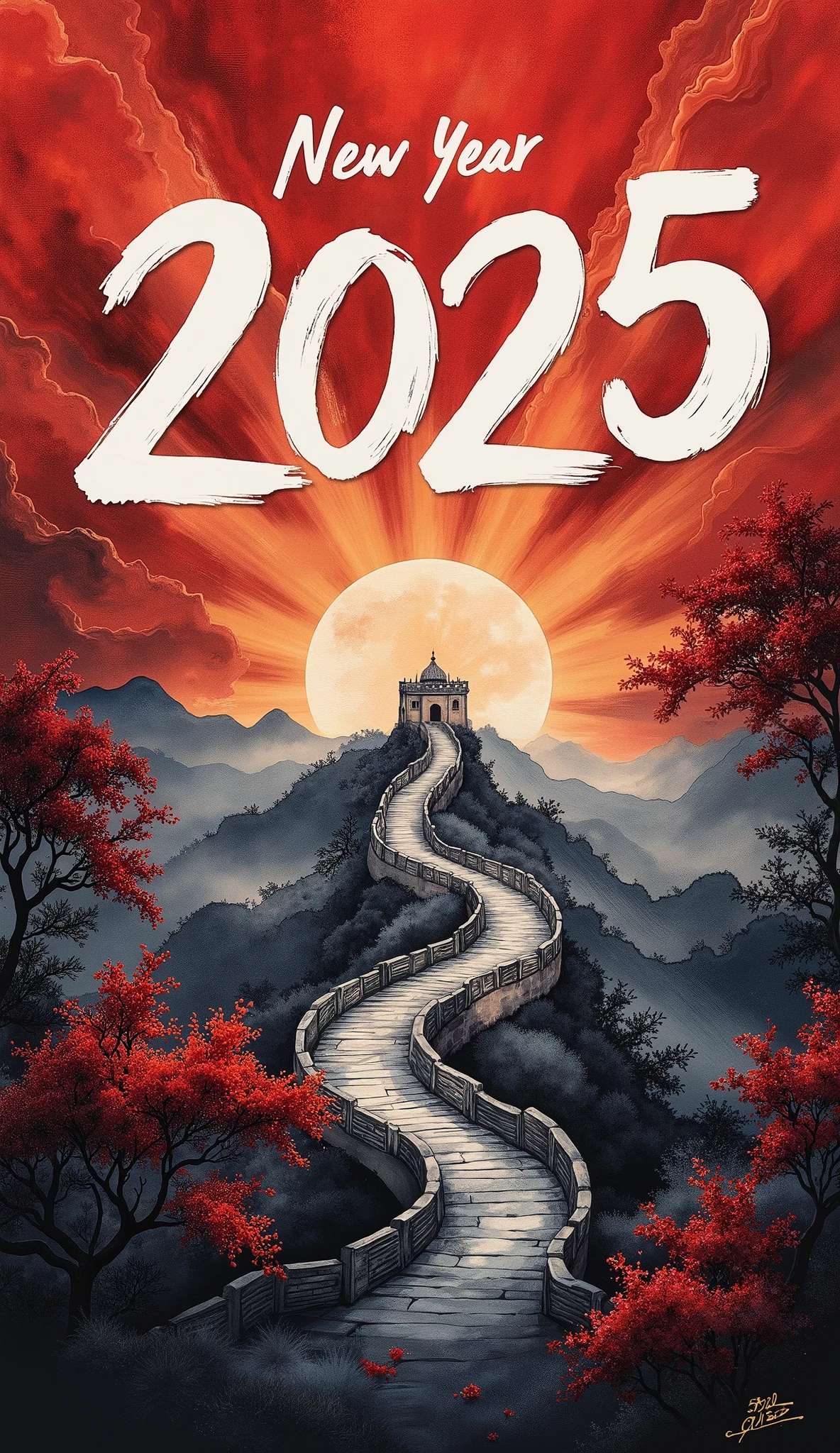 (masterpiece:1.2,EXCEPTIONAL QUALITY  ,Mirror Finish  ,  CINEMATIC EXPERIENCE  ,  best illustration:2.0),  ultra high definition ,  very detailed ,8k,16k, wallpaper,(  new year poster :2.0),(Ink Painting:2.0),(Great Wall:2.0),("NEW YEAR 2025"Write the text of with a brush:2.0),( Dynamic:2.0),( minimalist:2.0),(  simple design  :2.0),( has a white background:2.0),( black and white:2.0)