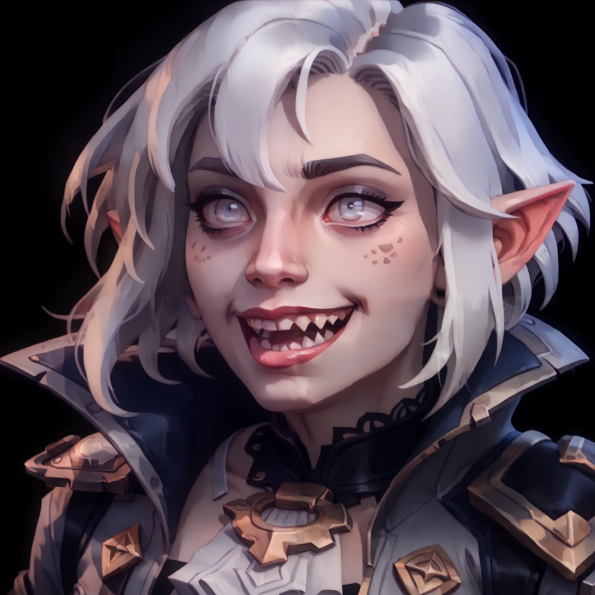 one woman, briar from league of legends, (pale eyes:1.2), (grey skin:1.2), bob haircut, white hair, pointy ears, sharp teeth, (upper body:1.3), (black background, clear background:1.5), (grey military jacket:1.2), (studio lights, deep shadows:1.3), (big chest:1.2), (joyful face, horny face:1.2)