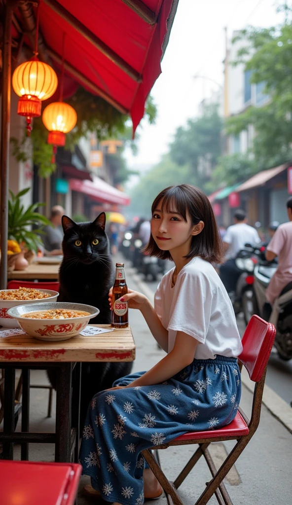 ultra-realistic, photorealistic, dramatic scene, shadow, global-illumination, solo, 1 girl\( 20 years old Japanese beautiful girl, beautiful with cute face, wearing snow patterned blue ao dai, shoulder-length brown hair, accessories, holding a bottle of Vietnamese 333 beer\), 1 human-like giant black cat\( human-like giant black cat, wearing a white shirt with short sleeves, slight taller than the girl, little chubby, standing with her\), the girl and a human-like giant black cat are sitting at the festive decorated open-air stall facing to the downtown street in Ho Chi Minh city in 2000, rows of miscellaneous buildings, trees, Crowded with many motorcycles and scooters, simple table and chair, large bowls of pho noodles are on the table,