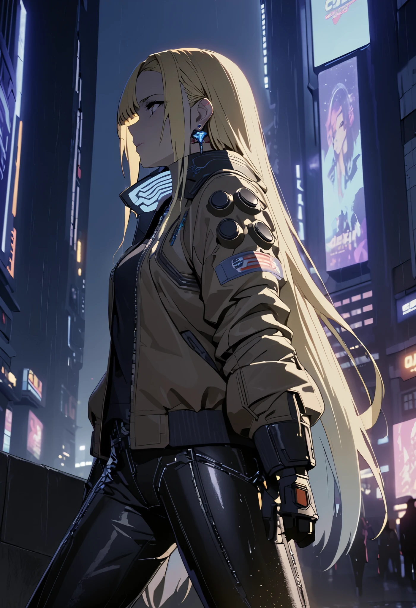 (((Best quality, 8k, Masterpiece: 1.3)), ((best quality)), ((masterpiece)), (detailed), perfect face, cyberpunk, jacket, leather pants, cybercity, night, blonde hair, sunglasses, crystal earrings, Futurism, cinematic lighting, ray tracing, backlighting, very long hair, crystal hair, expressive hair, acid rain, Air pollution, loneliness, Solitude, Mechanical gloves