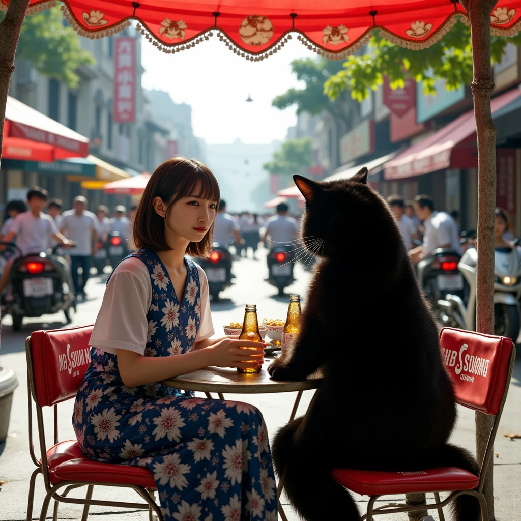 ultra-realistic, photorealistic, dramatic scene, shadow, global-illumination, solo, 1 girl\( 20 years old Japanese beautiful girl, beautiful with cute face, wearing snow patterned blue ao dai, shoulder-length brown hair, accessories, Vietnamese Non La hat\), 1 human-like giant black cat\( human-like giant black cat, white shirt with short sleeves, slight taller than the girl, holding a large suits case, little chubby, sitting on the rear seat of the scooter\), the girl is riding a Honda scooter with human-like giant black at the downtown street in Ho Chi Minh city in 2000, Cluttered streets, people walking on the sidewalks, rows of miscellaneous buildings, trees, Crowded with many motorcycles and scooters, (shoot from side)