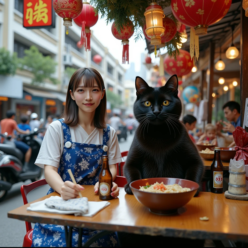 ultra-realistic, photorealistic, dramatic scene, shadow, global-illumination, solo, 1 girl\( 20 years old Japanese beautiful girl, beautiful with cute face, wearing snow patterned blue ao dai, shoulder-length brown hair, accessories, holding a bottle of Vietnamese 333 beer\), 1 human-like giant black cat\( human-like giant black cat, wearing a white shirt with short sleeves, slight taller than the girl, little chubby, standing with her\), the girl and a human-like giant black cat are sitting at the festive decorated open-air stall facing to the downtown street in Ho Chi Minh city in 2000, rows of miscellaneous buildings, trees, Crowded with many motorcycles and scooters, simple table and chair, large bowls of pho noodles are on the table,