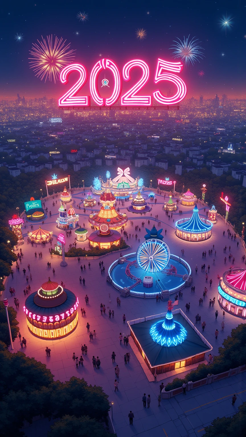 (masterpiece, high quality, 4K, 8K, detail), art poster with neon sign “HAPPY NEW YEAR 2025”, amusement park at night seen from above, Ferris wheel glowing in a circle, roller coaster track, carousel, and many other lights in the amusement park, many lights in the amusement park are shining The amusement park at night seen from the sky, the Ferris wheel glowing in a circle, the roller coaster track, the merry-go-round, many lights in the amusement park shining, people visible, glamorous illumination, “HAPPY NEW YEAR 2025” neon sign in the sky, fireworks, long shot, New Year's celebration poster, wallpaper,
