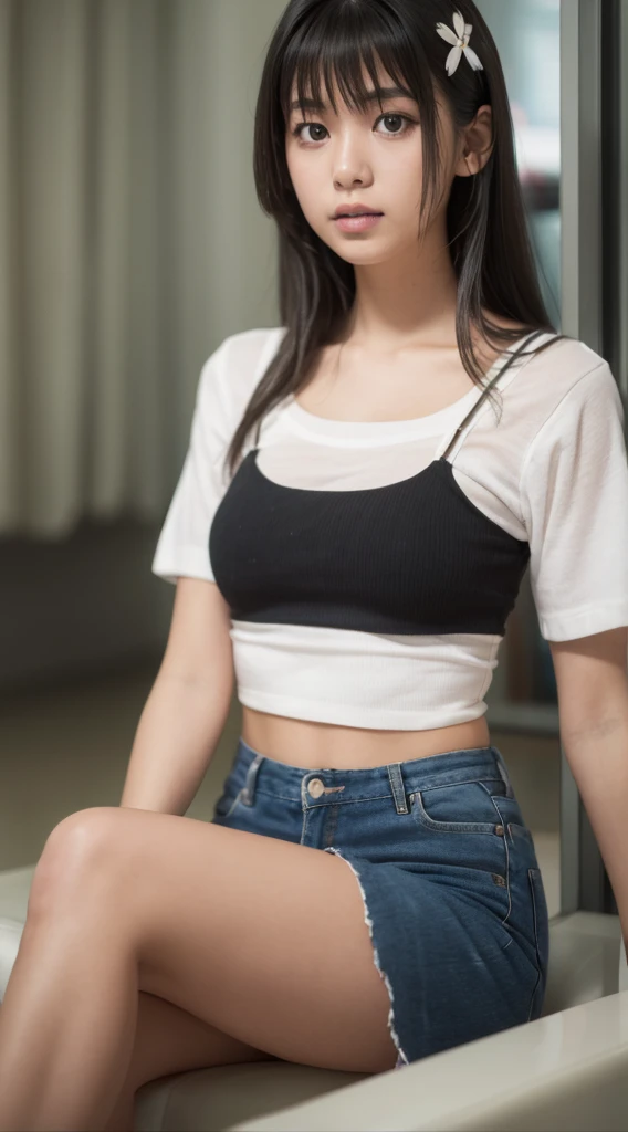 realistic, 1girl, black eye glasses, sitting on straight chair, dark background, black twintailed hair, hair with bangs, crop top white tshirt, tummies, bellybutton, denim shorts, crotch, tights,